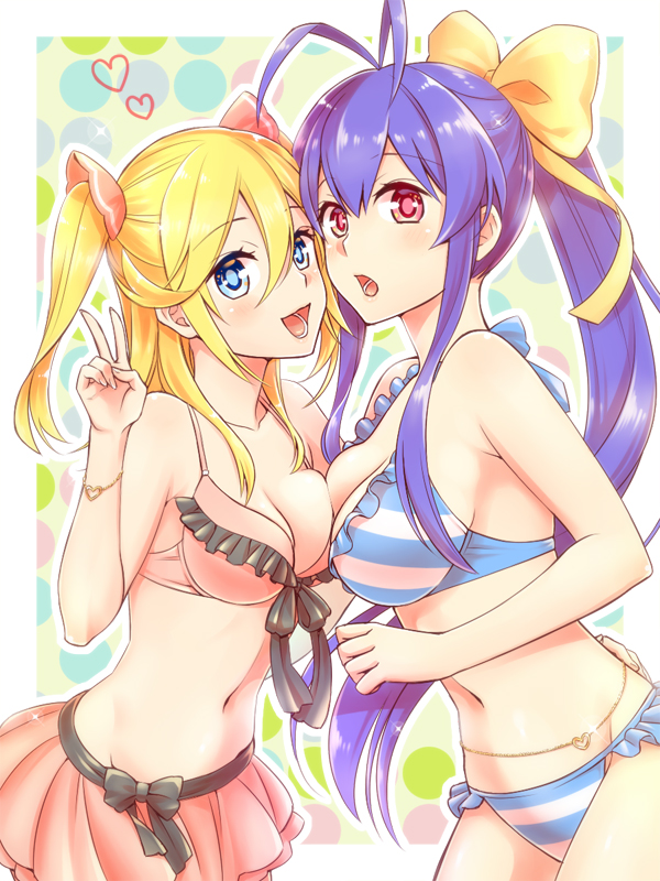 2girls, antenna_hair, asymmetrical_docking, bangs, bare_shoulders, bikini, bikini_skirt, blazblue