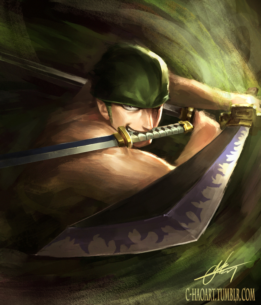 1boy, bandanna, commentary, foreshortening, green_bandana, green_eyes, grin, highres