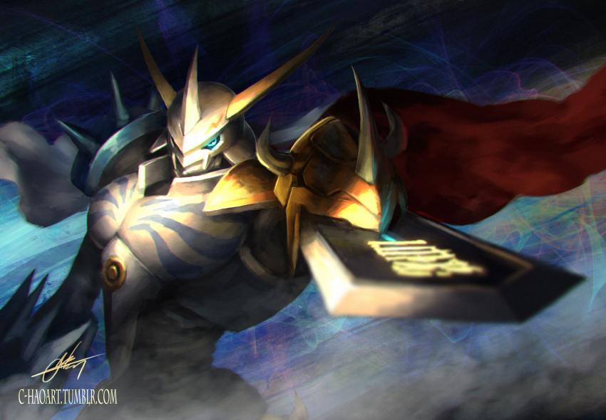 armor, blue_eyes, cape, digimon, foreshortening, glowing, glowing_eyes, helmet
