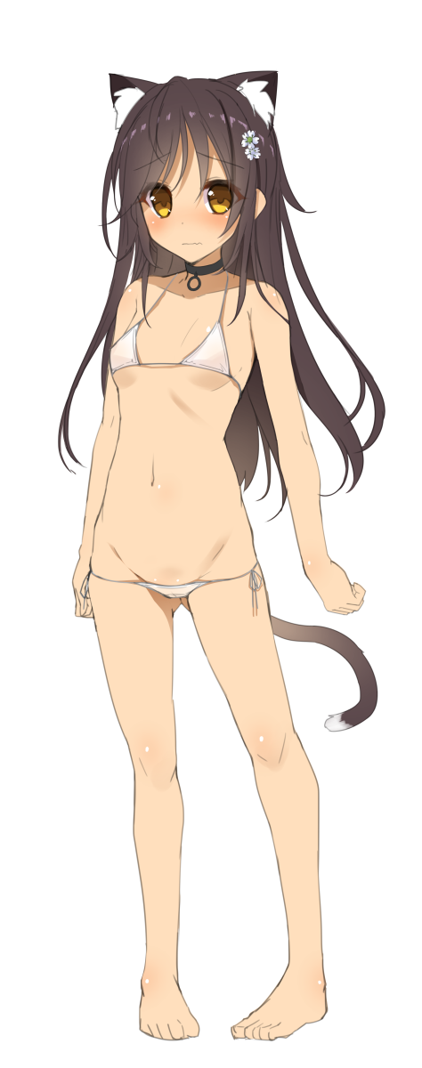 1girl, animal_ears, bare_legs, barefoot, bikini, black_hair, blush, breasts