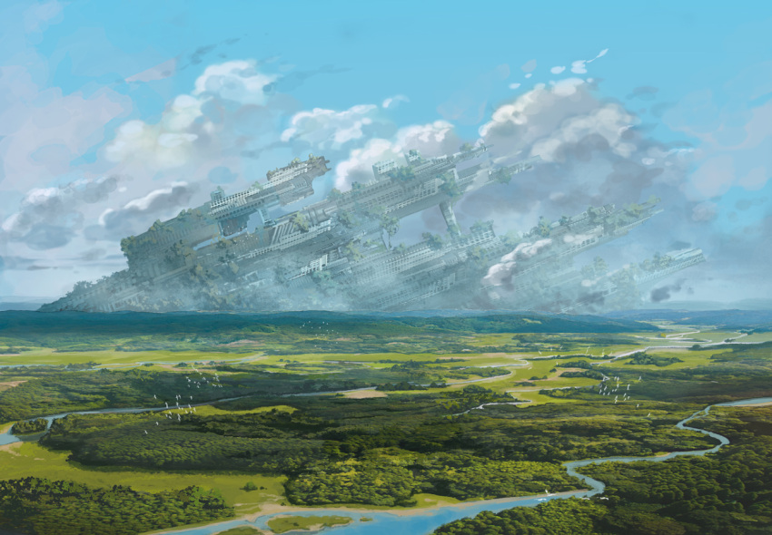 blue_sky, clouds, cloudy_sky, commentary_request, crash, crash_landing, forest, landscape