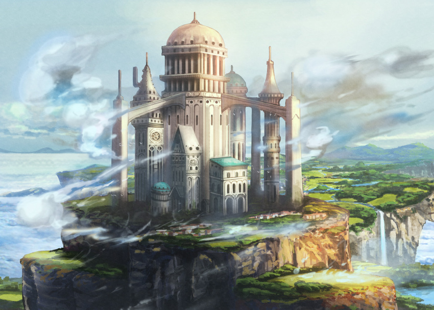 castle, commentary_request, day, fantasy, floating_island, fog, horizon, lake