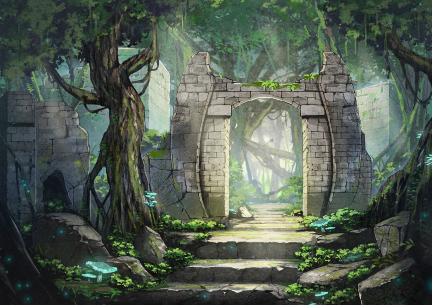 commentary_request, day, fantasy, forest, gate, miso_katsu, moss, mushroom