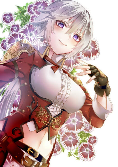 1girl, belt, closed_mouth, dutch_angle, flower, flower_knight_girl, frills, grey_hair, long_hair, looking_at_viewer, navel, object_namesake, smile, solo, sweet_william_(flower_knight_girl), uehara_(higanbachi), uniform, upper_body, violet_eyes