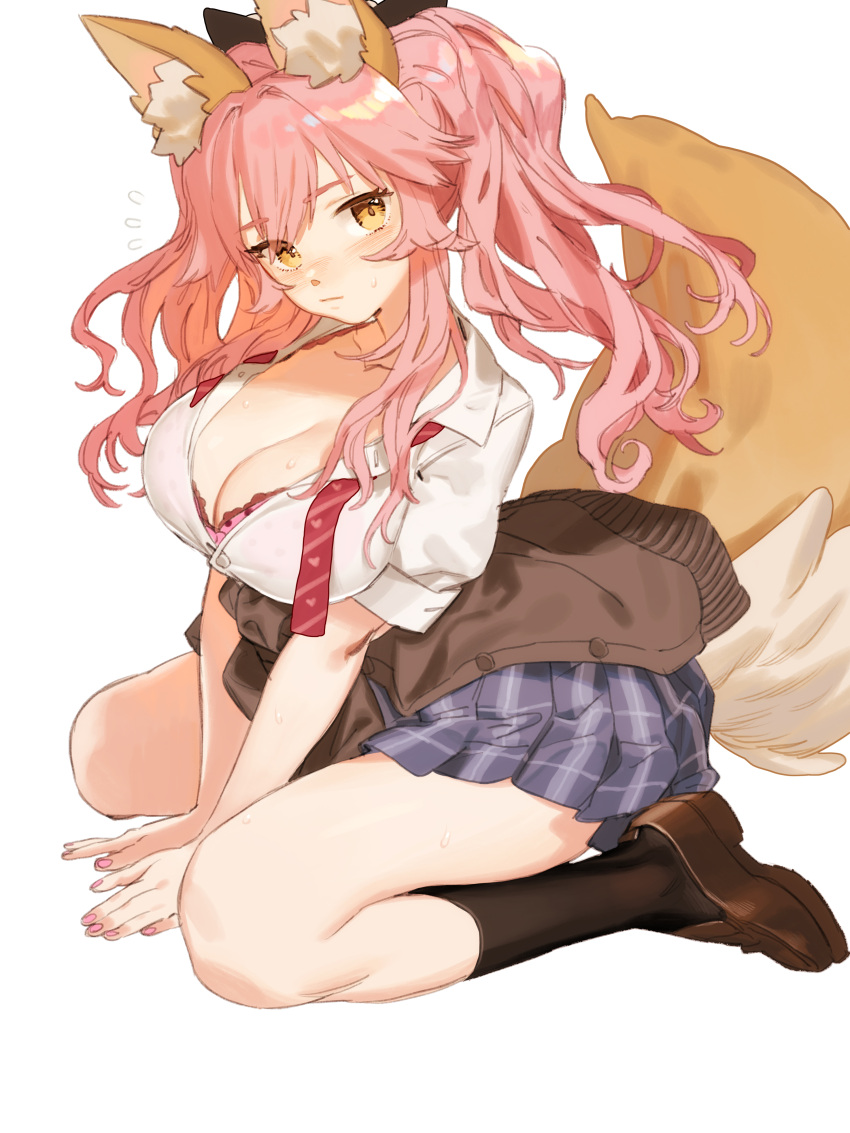 1girl, absurdres, animal_ears, aya_(547972106), black_legwear, blush, bra, breasts, cardigan_around_waist, cleavage, collarbone, fate/extella, fate/extra, fate_(series), fox_ears, fox_tail, heart, highres, kneehighs, large_breasts, loafers, long_hair, looking_at_viewer, pink_bra, pink_hair, plaid, plaid_skirt, school_uniform, shoes, sidelocks, simple_background, sitting, skirt, solo, tail, tamamo_(fate)_(all), tamamo_jk_(fate), twintails, underwear, undone_bowtie, v_arms, wariza, white_background, yellow_eyes