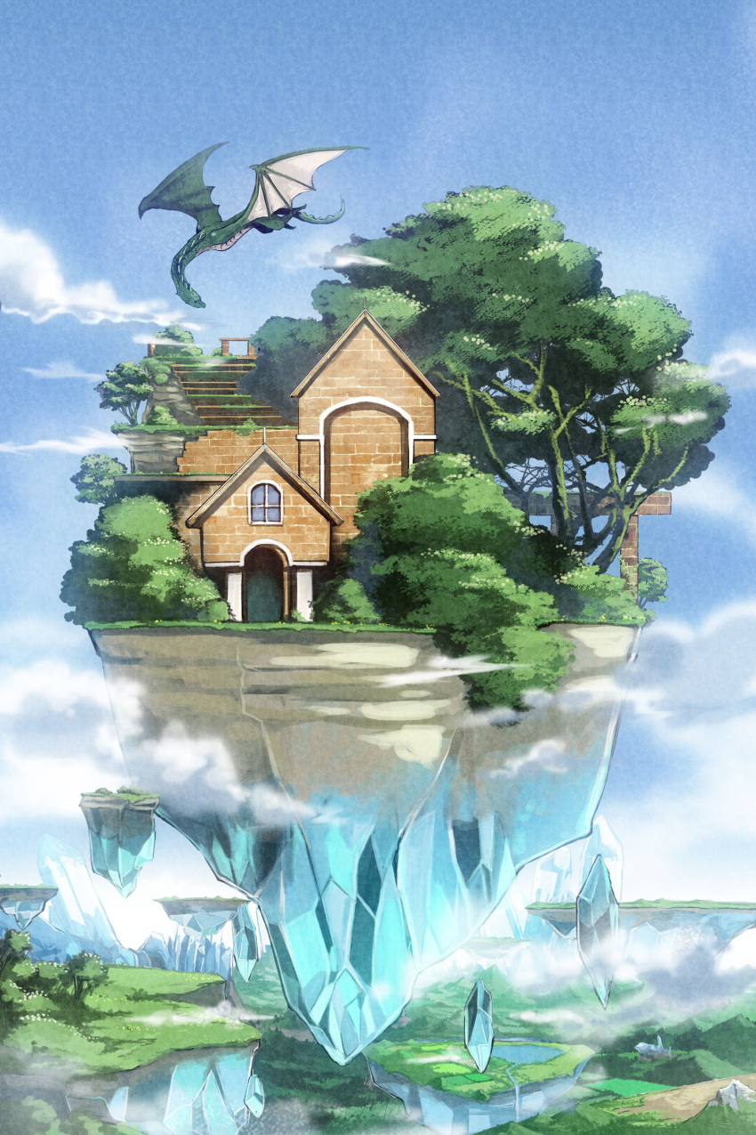 blue_sky, commentary_request, crystal, day, door, dragon, fantasy, floating_island
