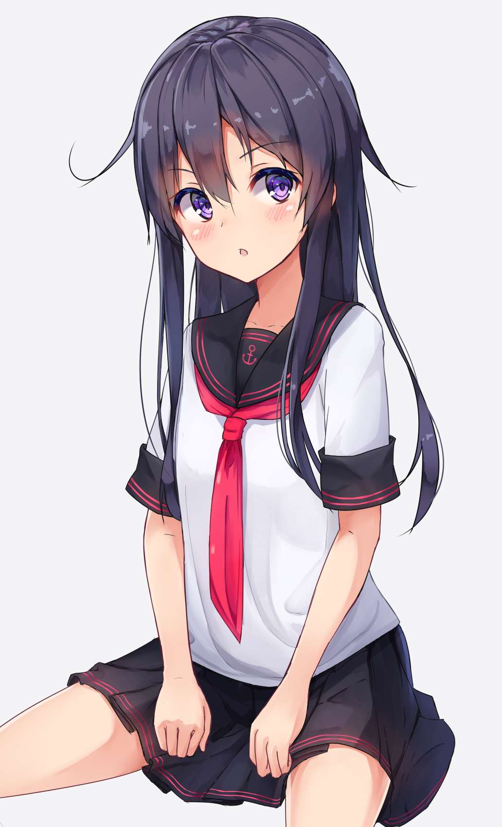 >:o, 1girl, :o, adapted_costume, akatsuki_(kantai_collection), black_sailor_collar, black_skirt, blush