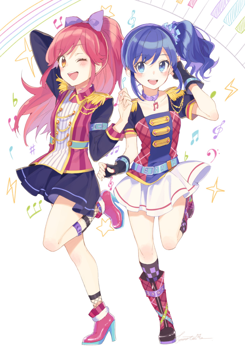 2girls, :d, aikatsu!, arm_belt, bangs, belt_collar, black_gloves, blue_eyes
