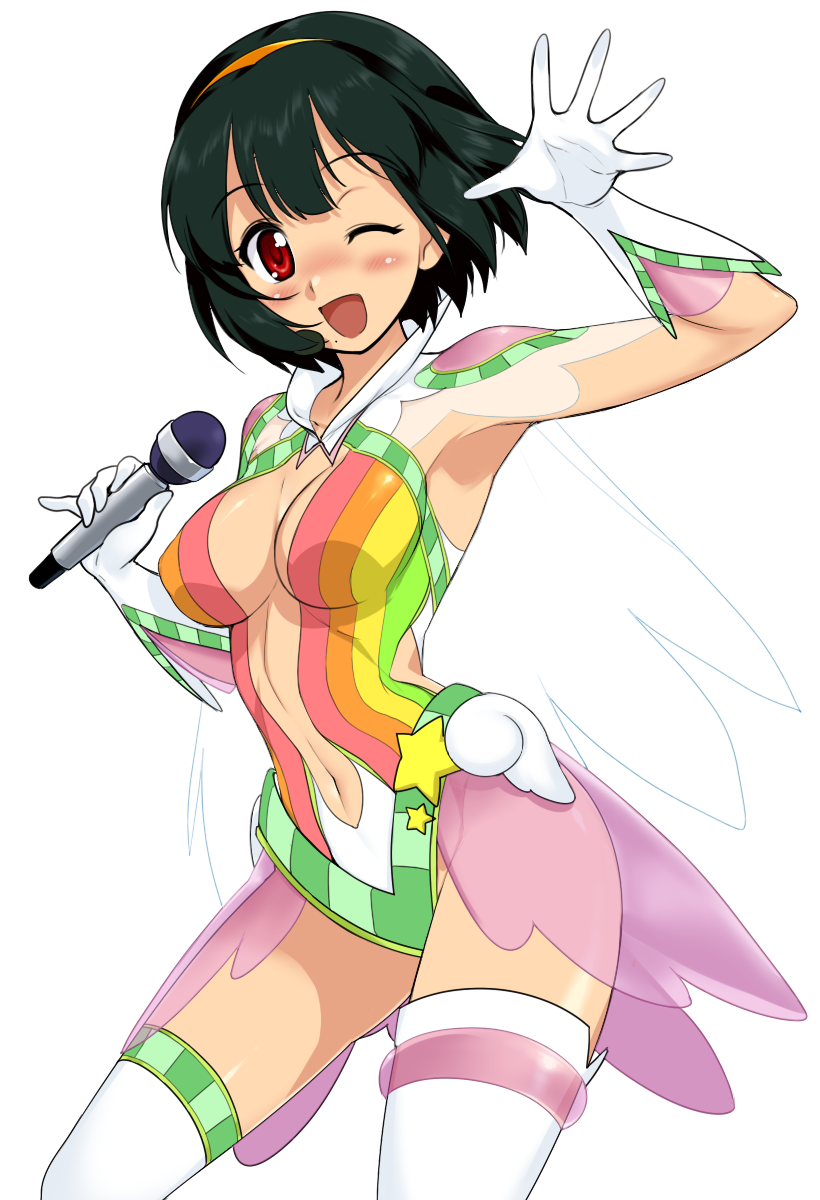 1girl, blush, breasts, cosmic_&amp;_funny_(idolmaster), costume, gloves, hairband, highres, idolmaster, kotori_otonashi, midriff, navel, open_mouth, otonashi_kotori, see_through, short_hair, smile, solo, thighhighs, transparent_background, white_gloves, white_legwear, wings, wink