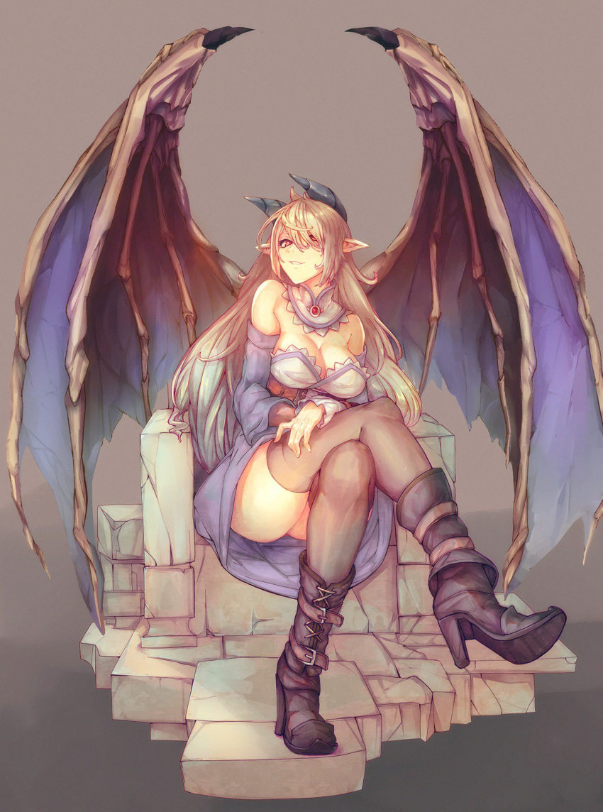 ass, belt, blonde_hair, blue_dress, bone_wings, boots, breasts, brown_boots