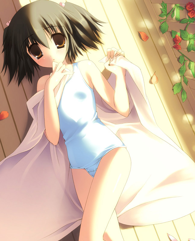 bare_legs, bed_sheet, brown_eyes, brown_hair, child, from_above, on_back, one-piece_swimsuit