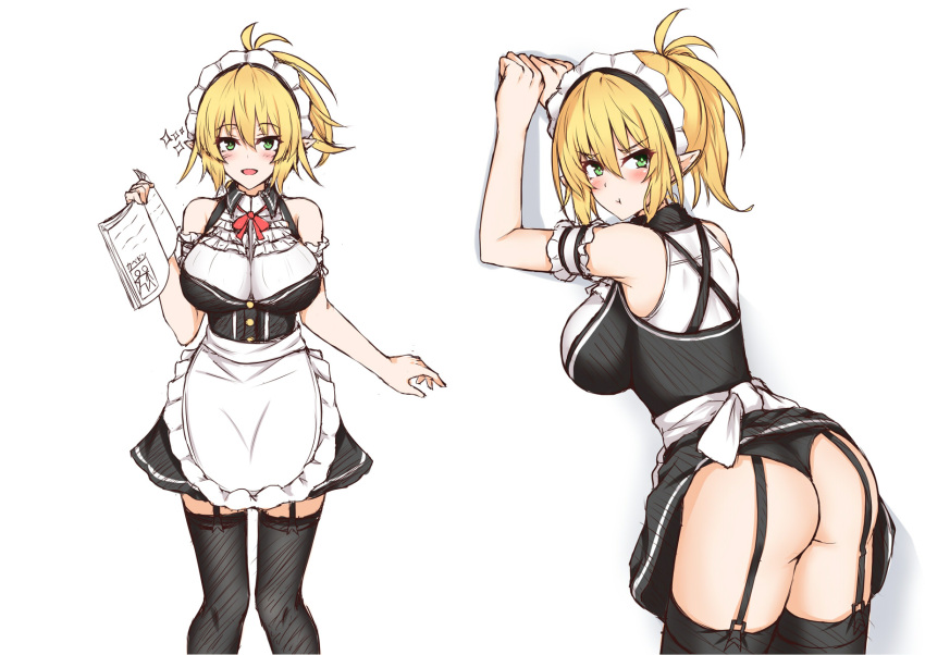 1girl, :t, apron, ass, bangs, black_dress, black_legwear, black_panties
