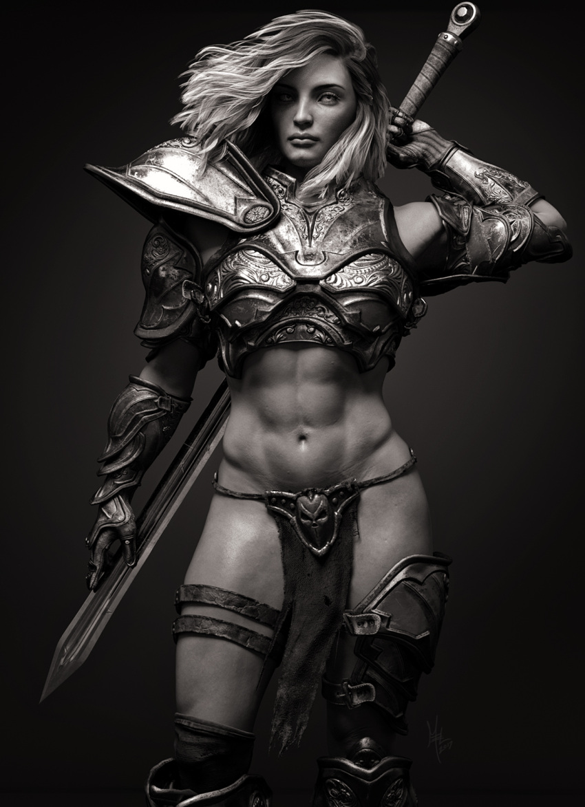 1girl, 3d, abs, armor, bikini_armor, breastplate, cowboy_shot, gauntlets