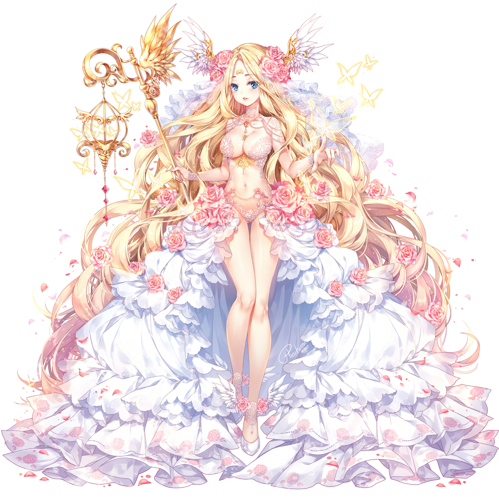 1girl, 2017, absurdly_long_hair, angel, angel_wings, artist_name, blonde_hair, blue_eyes