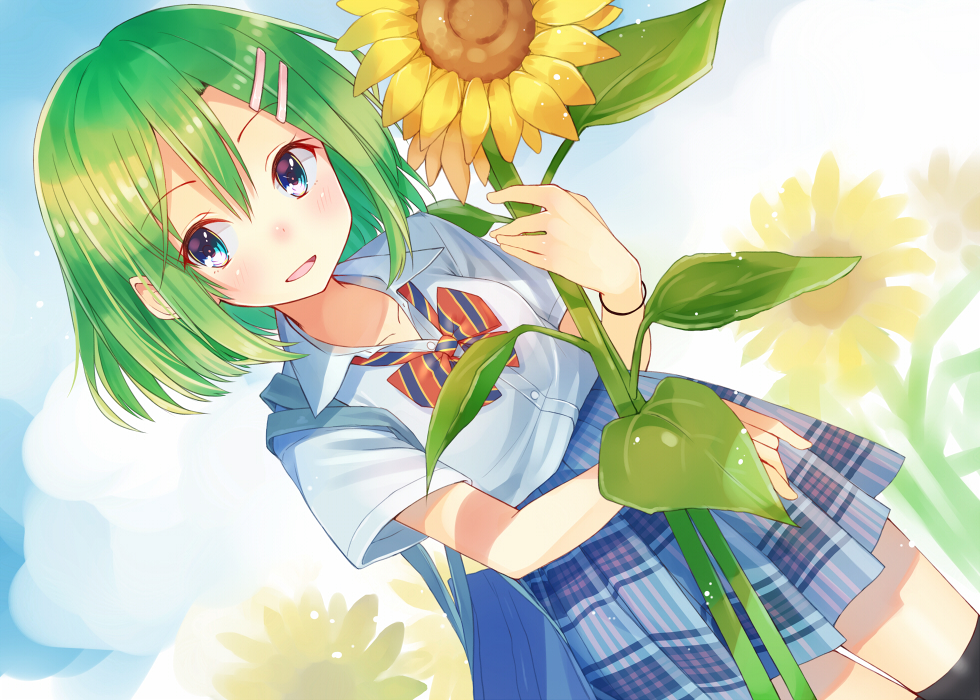1girl, bag, black_legwear, blue_eyes, blue_skirt, blush, bow, bowtie
