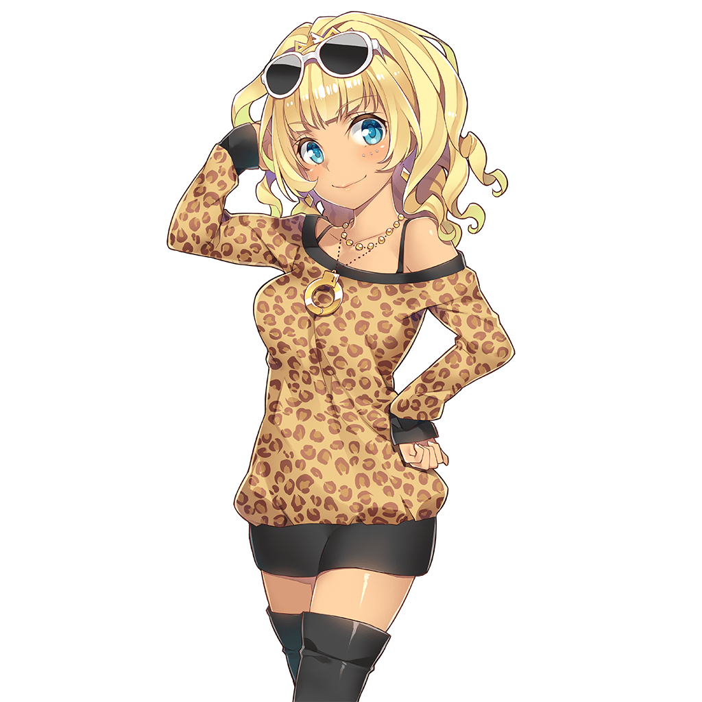 1girl, amelie_mcgregor, animal_print, bangs, bare_shoulders, black_boots, black_skirt, blonde_hair