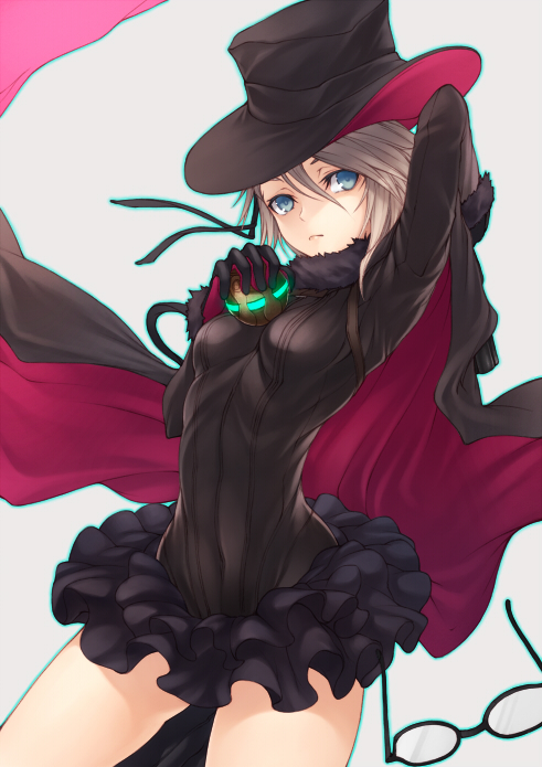 1girl, ange_(princess_principal), bangs, black-framed_eyewear, black_gloves, black_skirt, blue_eyes, bodysuit