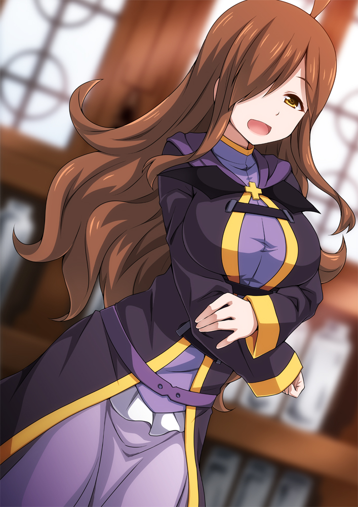 1girl, :d, ahoge, breasts, brown_hair, dress, dutch_angle, floating_hair, gotou_jin, hair_over_one_eye, indoors, kono_subarashii_sekai_ni_shukufuku_wo!, large_breasts, long_hair, looking_at_viewer, open_mouth, purple_dress, smile, solo, very_long_hair, wiz_(konosuba), yellow_eyes
