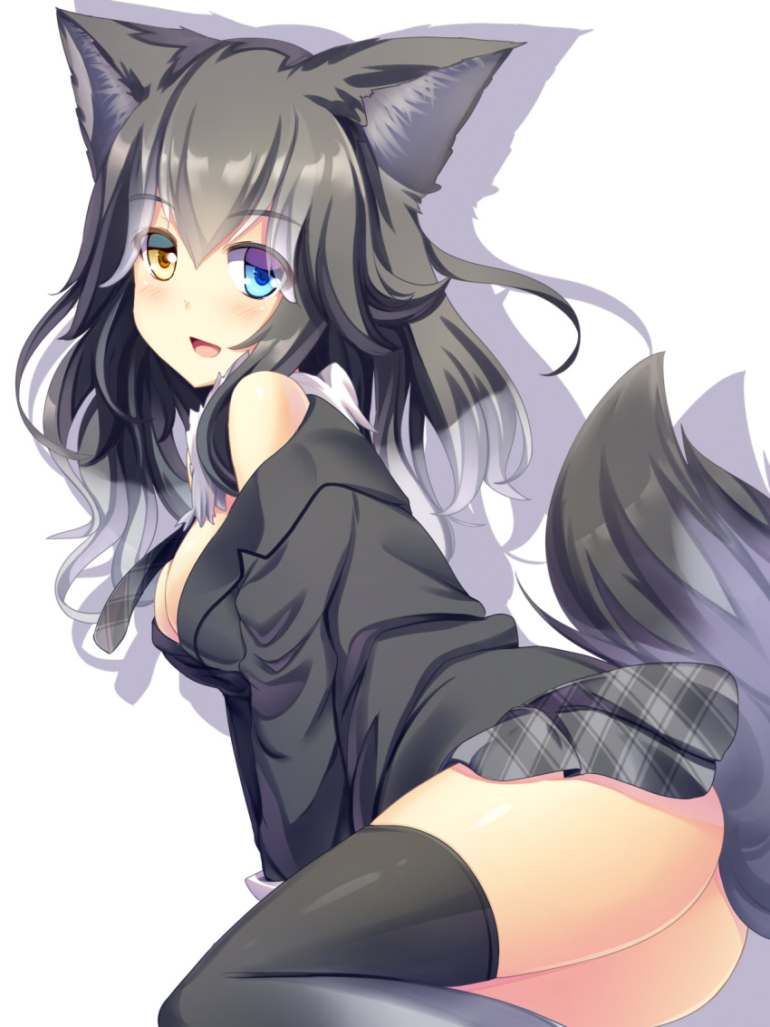 1girl, animal_ears, black_hair, black_legwear, blue_eyes, blush, breasts, cleavage
