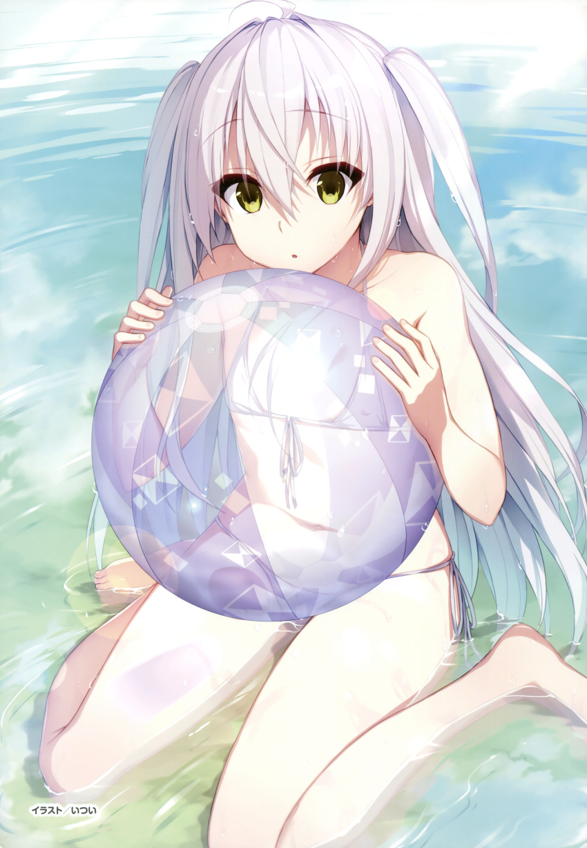 1girl, absurdres, ahoge, apeiria, artist_name, ball, barefoot, beachball, bikini, collarbone, day, eyebrows_visible_through_hair, flat_chest, front-tie_bikini, front-tie_top, green_eyes, hair_between_eyes, highres, hikari_no_umi_no_apeiria, holding, holding_ball, itsui, kneeling, long_hair, navel, outdoors, parted_lips, side-tie_bikini, silver_hair, solo, swimsuit, transparent, twintails, very_long_hair, water, white_bikini