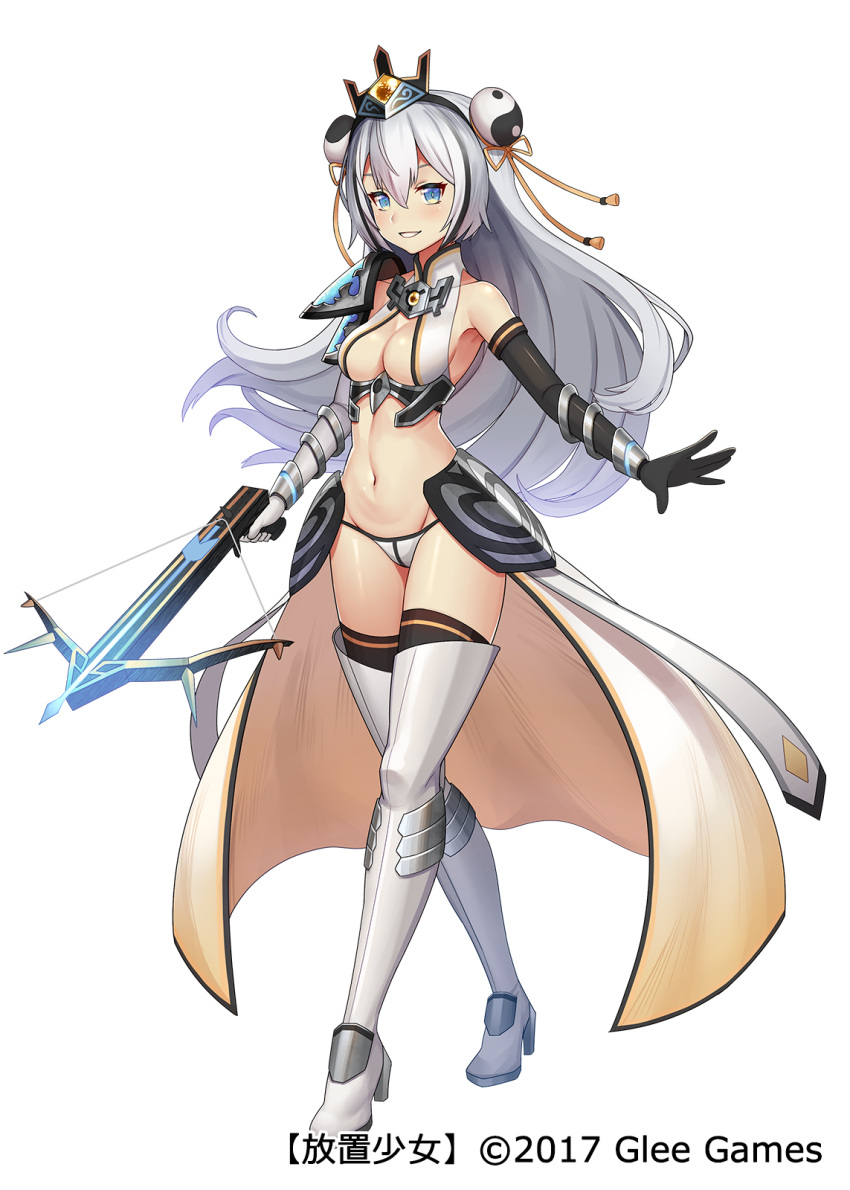 1girl, black_legwear, blackgloves, blue_eyes, boots, bow_(weapon), breasts, cleavage, collarbone, crossbow, dakunesu, elbow_gloves, floating_hair, full_body, gloves, hair_between_eyes, hair_ornament, hair_ribbon, high_heel_boots, high_heels, highres, holding, holding_weapon, houchi_shoujo, long_hair, medium_breasts, outstretched_arm, panties, parted_lips, ribbon, sideboob, silver_hair, simple_background, smile, solo, standing, thigh-highs, thigh_boots, underwear, very_long_hair, weapon, white_background, white_boots, white_panties, yellow_ribbon