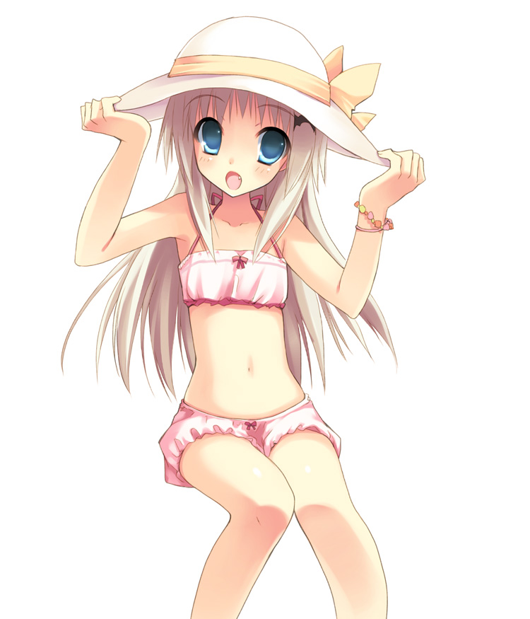:o, aqua_eyes, bare_stomach, bikini, bloomers, blue_eyes, child, fang, hands_on_hat, hat, knees_touching, little_busters!, little_busters!!, midriff, navel, noumi_kudryavka, ribbon, silver_hair, simple_background, sitting, sun_hat, swimsuit, toranosuke, toyonoka, white_hair