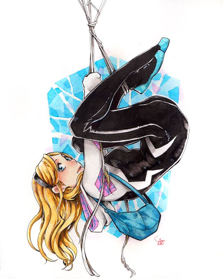 1girl, blonde_hair, blue_eyes, bodysuit, breasts, gwen_stacy, hairband, hood