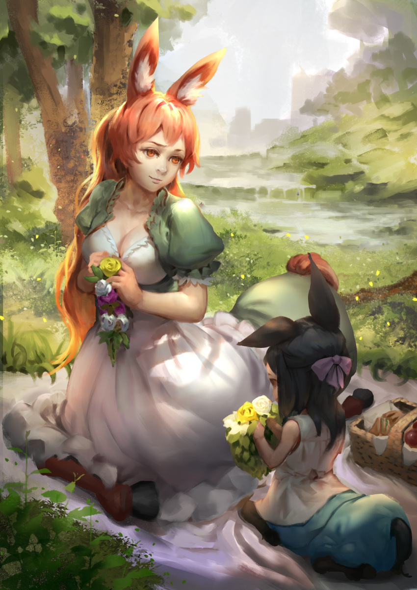 2girls, absurdres, age_difference, animal_ears, apron, basket, black_hair, blanket, blouse, bow, breasts, brown_eyes, brown_hair, centaur, centaur_no_nayami, character_request, cleavage, dress, flower, forest, grass, green_dress, hair_bow, half_updo, highres, hooves, kimihara_himeno, light_smile, long_hair, looking_at_another, looking_to_the_side, medium_breasts, multiple_girls, nature, on_ground, orange_eyes, outdoors, picnic, picnic_basket, puffy_short_sleeves, puffy_sleeves, purple_bow, short_sleeves, sitting, stream, tree, very_long_hair, white_blouse, wreath, zuzu_sensei