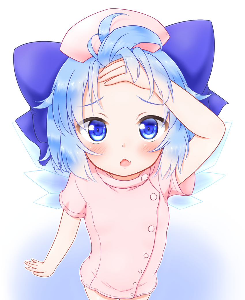 1girl, blue_eyes, blue_hair, blue_ribbon, blush, bow, cirno, eyebrows