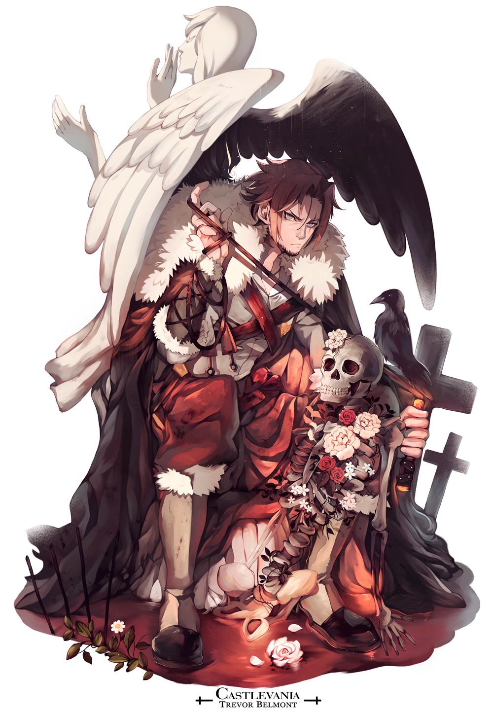1boy, angel, angel_statue, angel_wings, bird, boots, brown_hair, cape