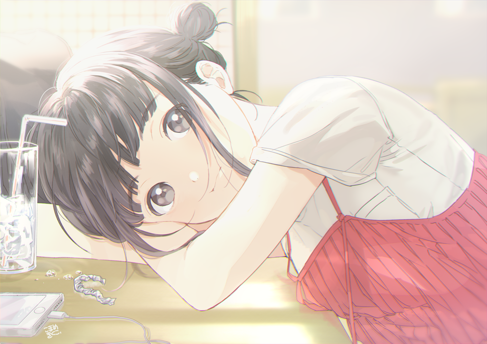 1girl, bangs, blush, camisole, camisole_over_clothes, closed_mouth, cup, digital_media_player