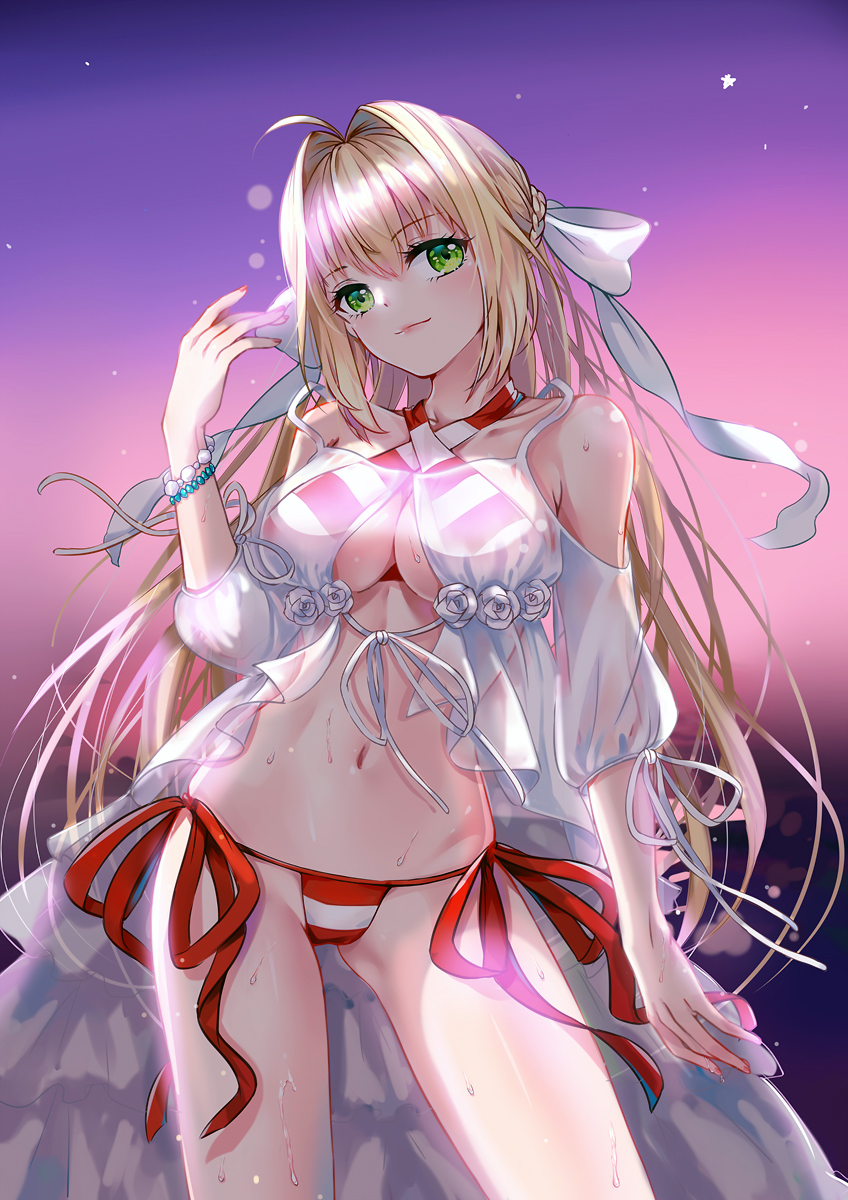 1girl, ahoge, bikini, blonde_hair, bow, bracelet, breasts, cleavage