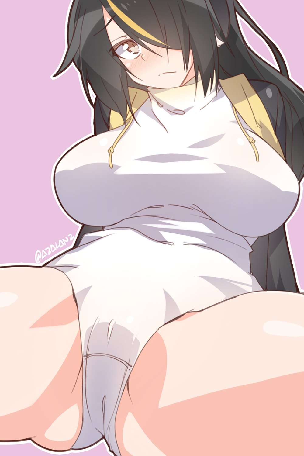 ass, black_hair, black_jacket, blush, breasts, breasts_apart, brown_eyes, closed_mouth