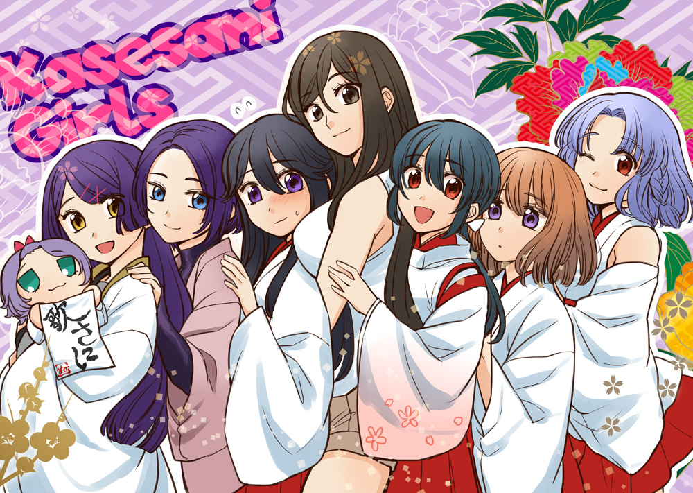 6+girls, blue_eyes, borrowed_character, breasts, brown_eyes, brown_hair, character_doll, chori_(niisan)