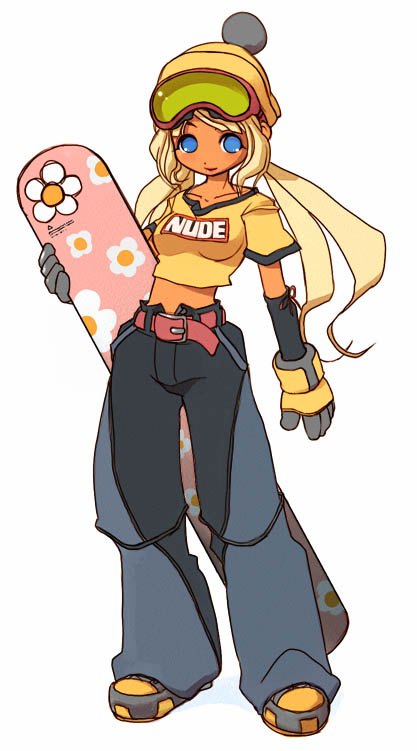 beanie, belt, blonde_hair, blue_eyes, concept_art, dark_skin, gloves, goggles