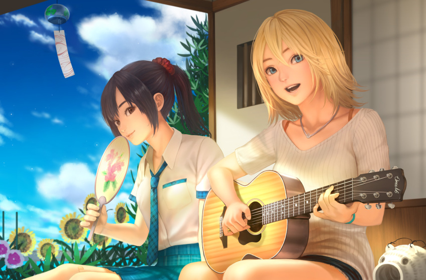 2girls, allison_(summer_lesson), bangs, black_hair, blonde_hair, blue_eyes, blue_necktie, blue_skirt