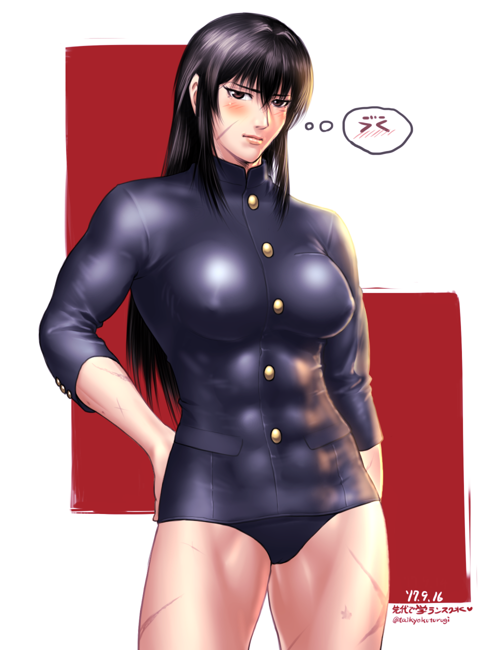 1girl, abs, akitsu_maru_(kantai_collection), akitsu_maru_(kantai_collection)_(cosplay), black_hair, blush, breasts, brown_eyes