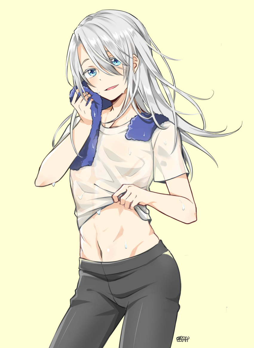 1boy, absurdres, big_cat_shan, blue_eyes, highres, long_hair, male_focus, midriff