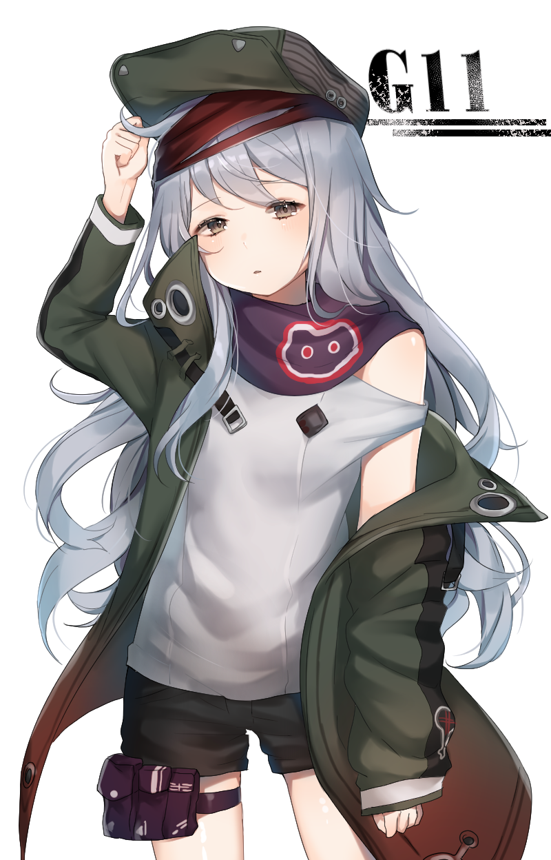 1girl, bangs, black_shorts, blush, brown_eyes, character_name, coat, cowboy_shot