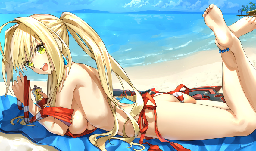 1girl, :d, ahoge, anklet, ass, bare_shoulders, barefoot, beach, bikini, breast_rest, breasts, day, earrings, eyebrows_visible_through_hair, fate/grand_order, fate_(series), from_side, green_eyes, hair_intakes, highres, horizon, jewelry, kawanakajima, large_breasts, legs_crossed, legs_up, long_hair, looking_at_viewer, lying, nero_claudius_(swimsuit_caster)_(fate), on_stomach, open_mouth, outdoors, saber_extra, side-tie_bikini, sideboob, sidelocks, smile, solo, striped, striped_bikini, swimsuit, tanning_oil, toe_scrunch, toes, twintails, underbust, untied, very_long_hair