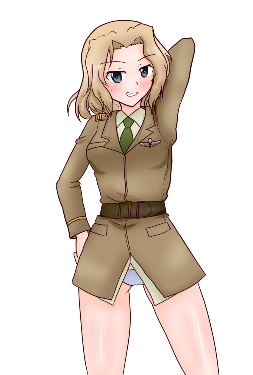 1girl, blonde_hair, blue_eyes, charlotte_e_yeager, charlotte_e_yeager_(cosplay), cosplay, girls_und_panzer, green_necktie, highres, kay_(girls_und_panzer), military, necktie, strike_witches, tsuchinoko_snake, uniform, world_witches_series