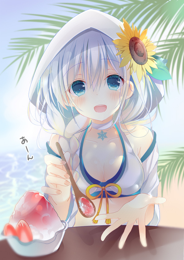 1girl, :d, bare_shoulders, beach, blue_eyes, blue_sky, blush, braid