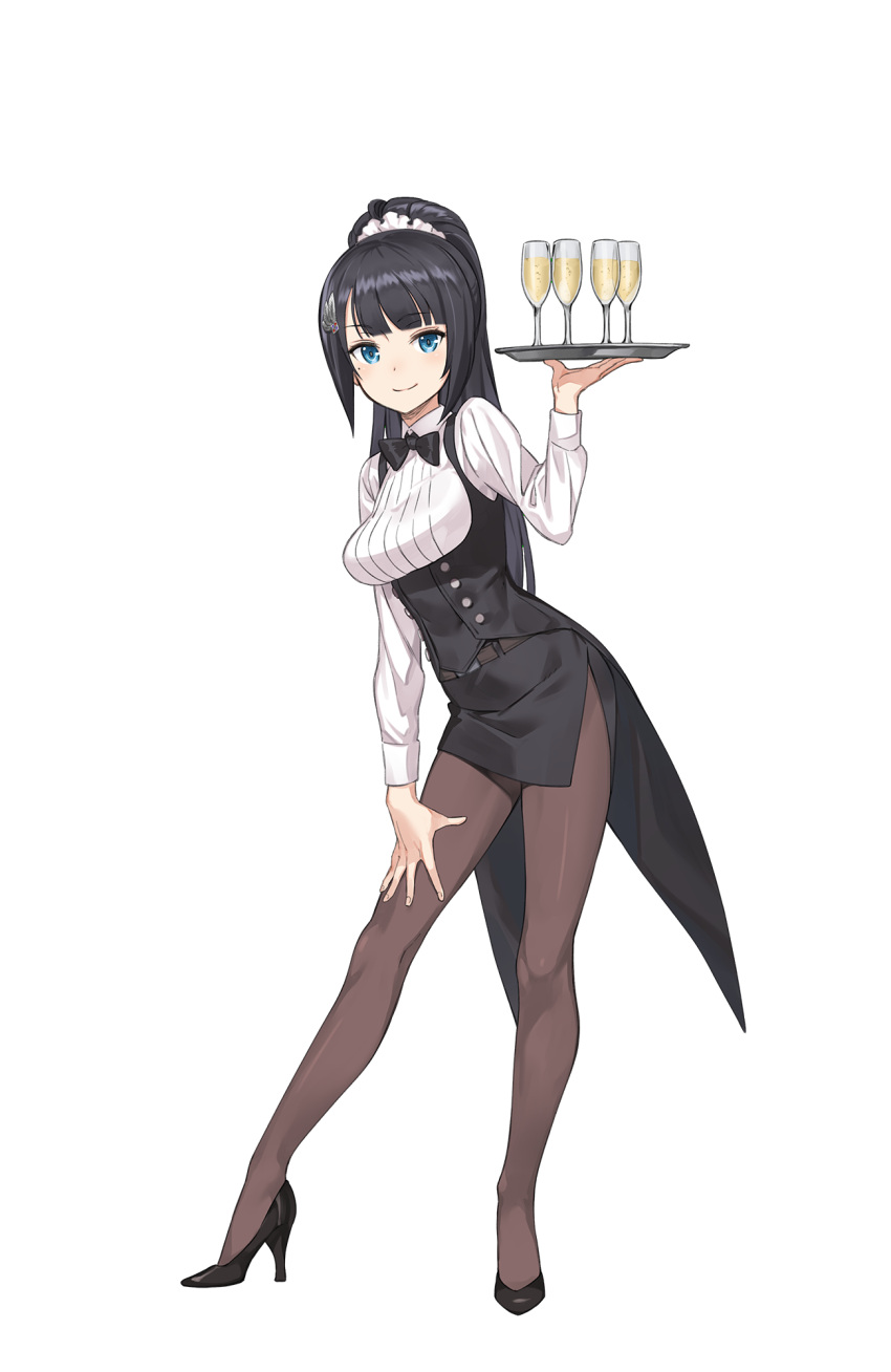 1girl, alcohol, black_bow, black_bowtie, black_hair, black_shoes, blue_eyes, bow