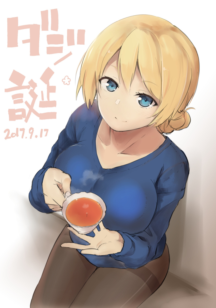 1girl, absurdres, bangs, black_legwear, blonde_hair, blue_eyes, blue_shirt, braid
