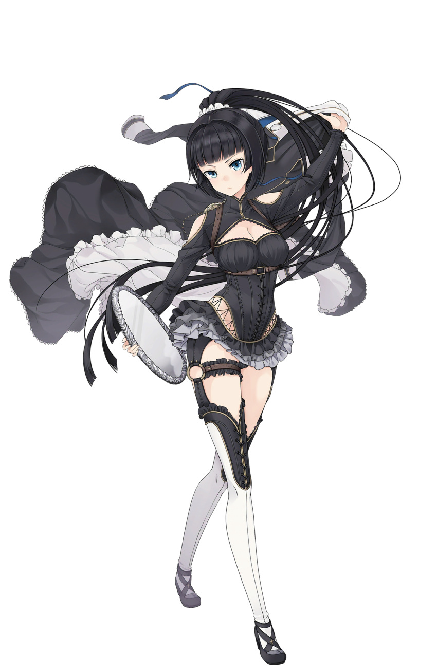 1girl, arm_up, black_hair, black_shoes, blue_eyes, breasts, cleavage, cleavage_cutout
