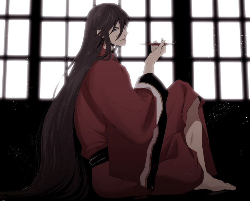 1boy, androgynous, backlighting, barefoot, black_hair, blue_eyes, earrings, highres, izumi-no-kami_kanesada, japanese_clothes, jewelry, kimono, kiseru, kyoujixxxx, long_hair, male_focus, pipe, solo, touken_ranbu, very_long_hair, windows, yukata