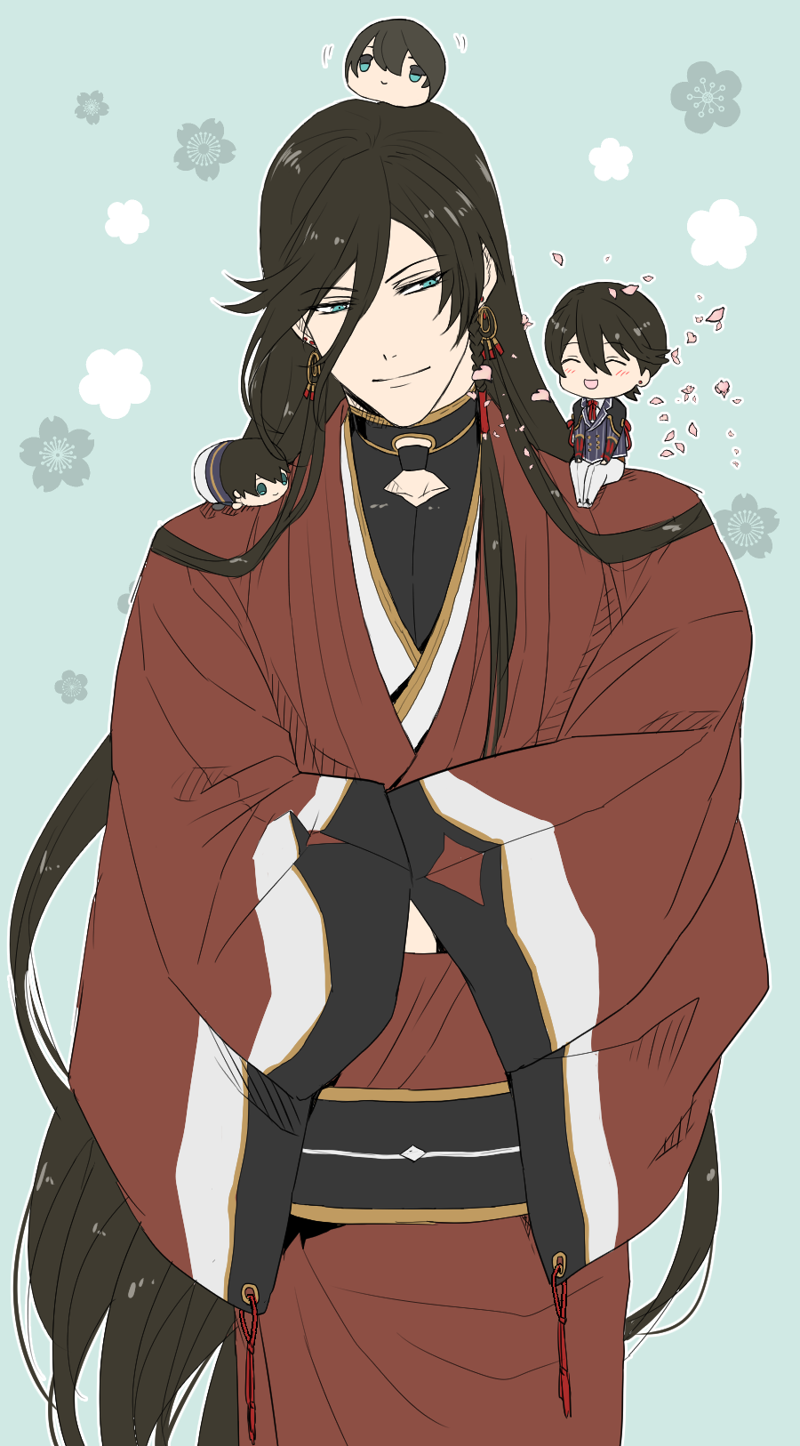 androgynous, black_hair, blue_eyes, character_doll, cherry_blossoms, chibi, crossed_arms, disney_tsum-tsum