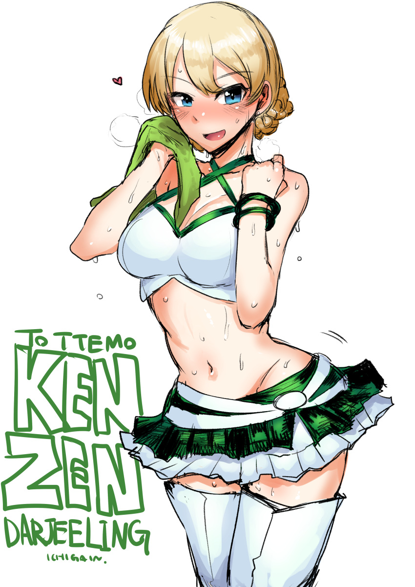 1girl, absurdres, alternate_costume, bangs, belt, blonde_hair, blue_eyes, blush, boots, bracelet, braid, breasts, character_name, cleavage, commentary_request, cowboy_shot, criss-cross_halter, crop_top, darjeeling, dripping, earrings, english, eyebrows_visible_through_hair, girls_und_panzer, green_skirt, halterneck, heart, highres, holding, ichigai_(hayawossan), jewelry, layered_skirt, light_smile, looking_at_viewer, medium_breasts, micro_skirt, midriff, navel, open_mouth, racequeen, romaji, shirt, short_hair, sketch, skirt, solo, standing, steam, sweat, sweating, sweating_profusely, thigh-highs, thigh_boots, tied_hair, towel, twin_braids, wet, white_background, white_boots, white_shirt, wiping_sweat