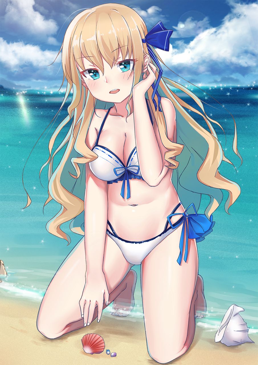 1girl, aly_(wei983999767), aqua_eyes, beach, bikini, blonde_hair, breasts, cleavage