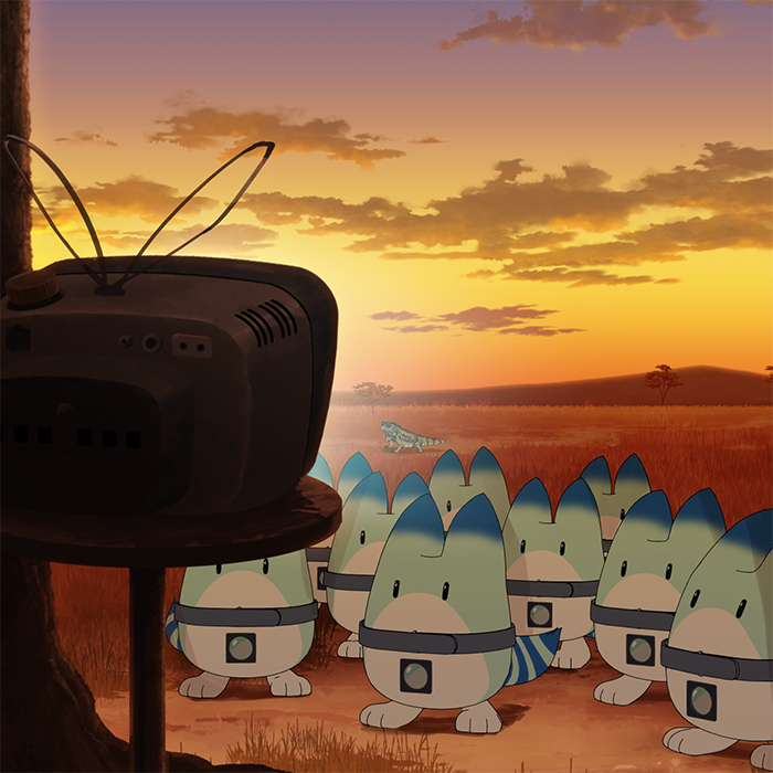 clouds, commentary, iguana_(animal), kemono_friends, lucky_beast_(kemono_friends), no_humans, sunset, tatsuki_(irodori)
